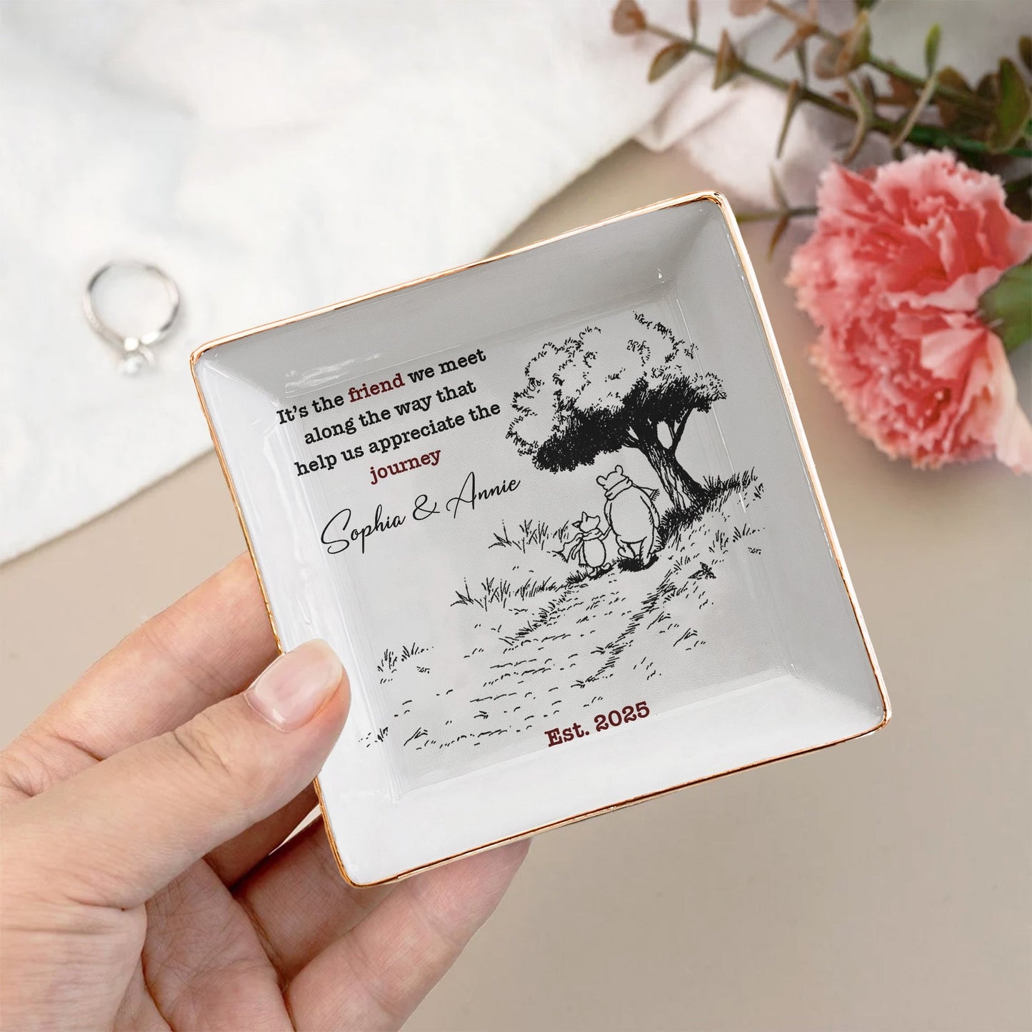 Personalized Jewelry Dish for Best Friend – Custom Friendship Journey Ring Holder, Modern Keepsake Gift Tray