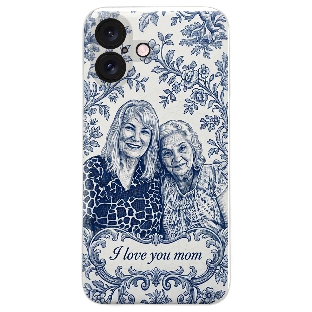 Mother Gift Idea, Blue Toile De Jouy Pattern - Personalized Mother 3D Embossed Leather Phone Case