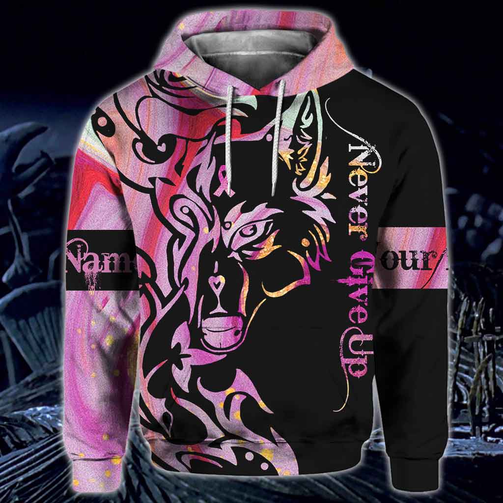 Never Give Up Wolf Rose - Breast Cancer Awareness Personalized All Over T-shirt and Hoodie