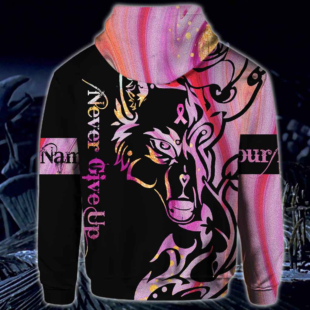 Never Give Up Wolf Rose - Breast Cancer Awareness Personalized All Over T-shirt and Hoodie