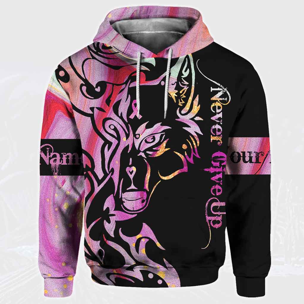 Never Give Up Wolf Rose - Breast Cancer Awareness Personalized All Over T-shirt and Hoodie