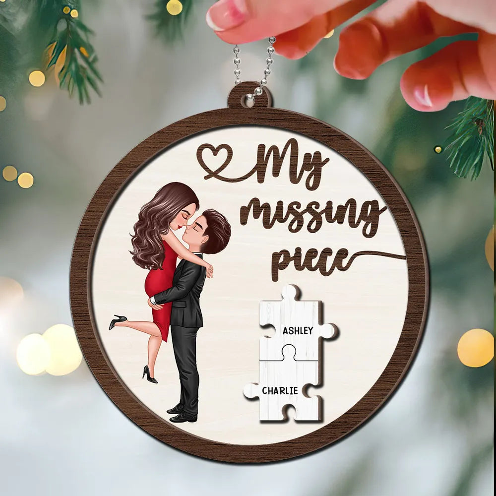 My Missing Piece Couple Hugging Kissing Personalized 2-Layer Wooden Ornament or Plaque or Keychain or Cup