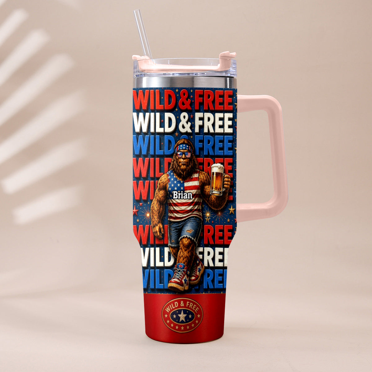4th of July, Bigfoot Independence Day - Personalized Bigfoot Tumbler With Handle