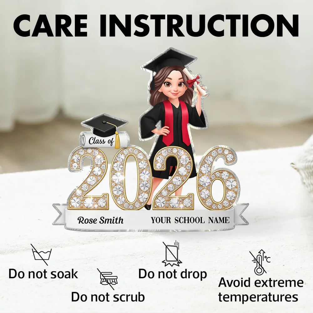 Shaped Acrylic Block Plaque Sparkly Class Of Grad Girl Holding Diploma Desk Decor - Unique Graduation Gift