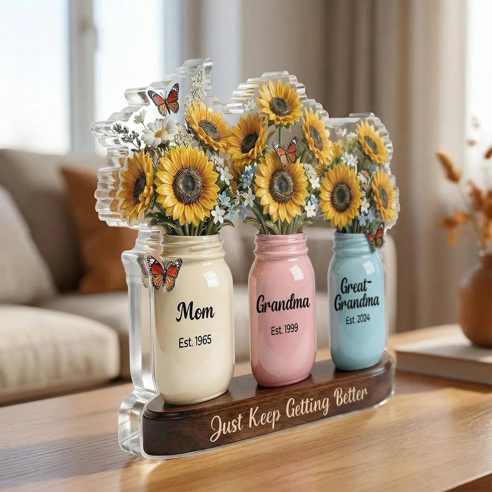 Personalized Rectangle Acrylic Block Plaque Sunflower Mason Jars Desk Decor - Unique Gift for Mom Grandma Great-Grandma