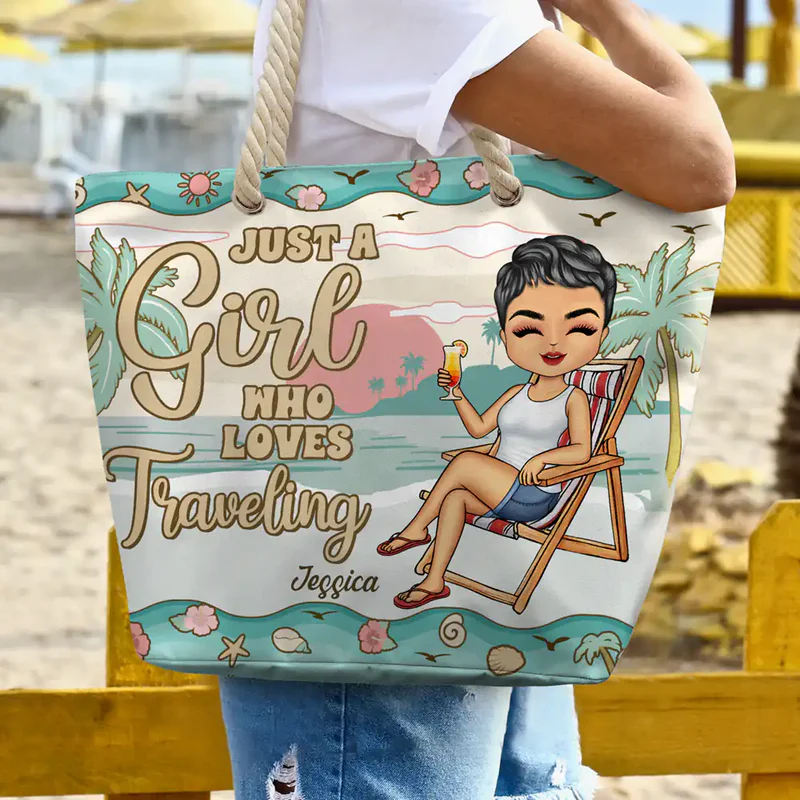 Personalized Rope Handle Canvas Bag, Just A Girl Who Loves Beaches, Cute Beach Chair Design, Unique Gift for Beach Lovers