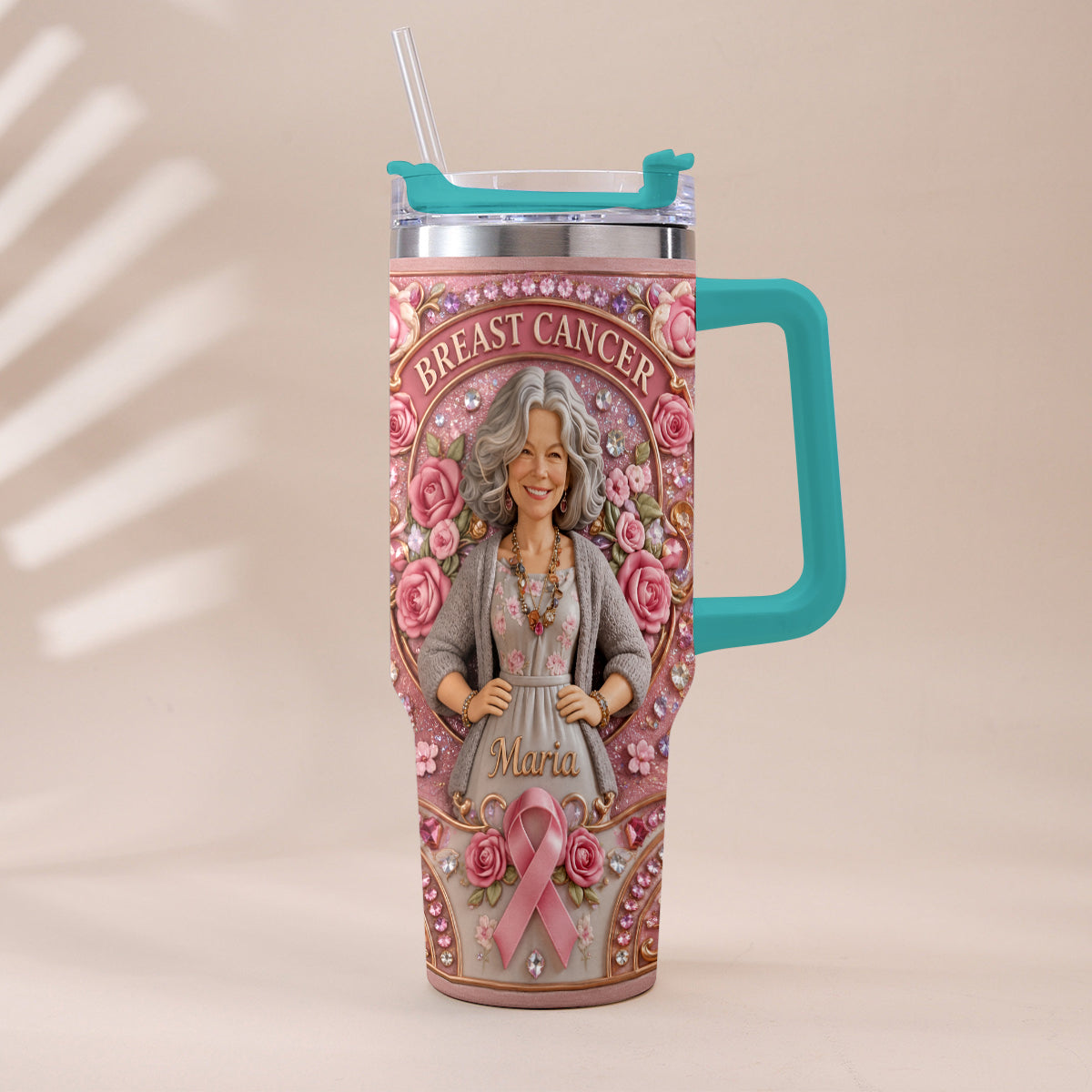 Hope Strength Love - Personalized Breast Cancer Awareness Tumbler With Plush Charm