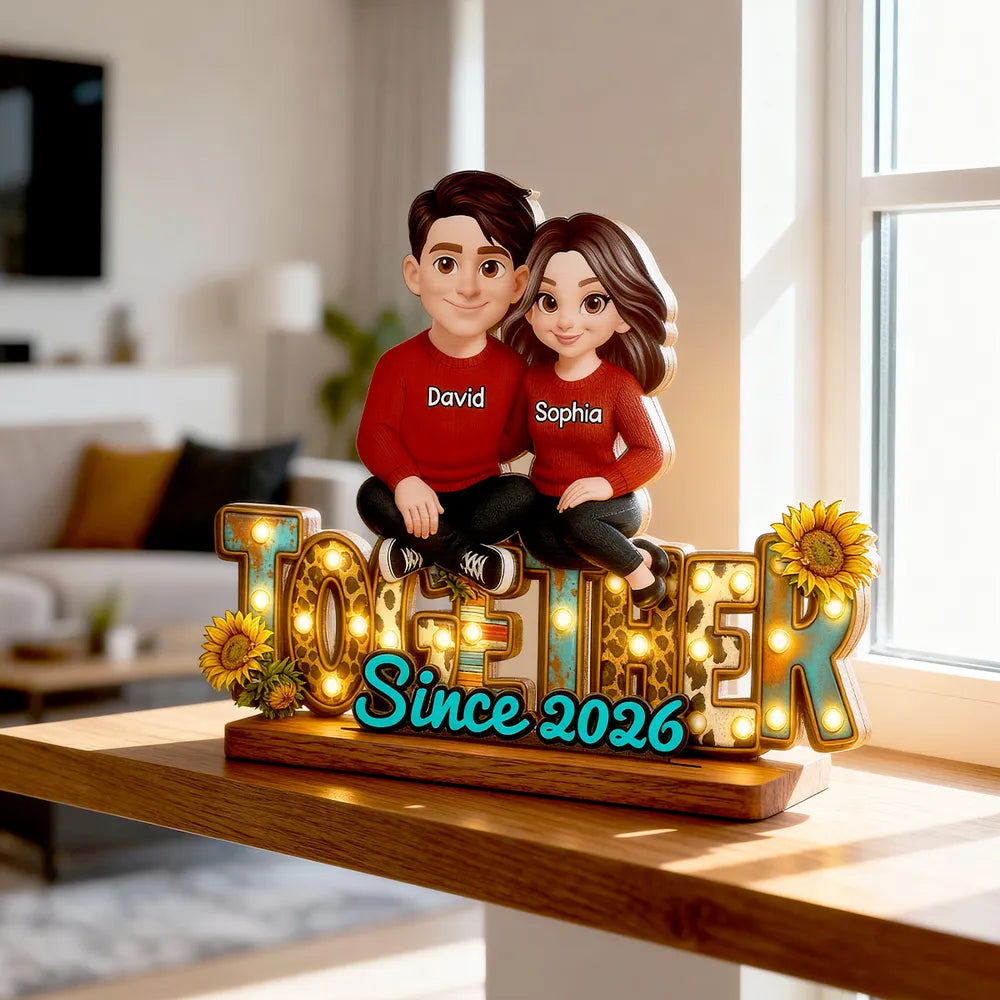 2-Layer Wooden Plaque with Cute Cartoon Couple Sitting Together, Sweet Home Decor Keepsake Gift
