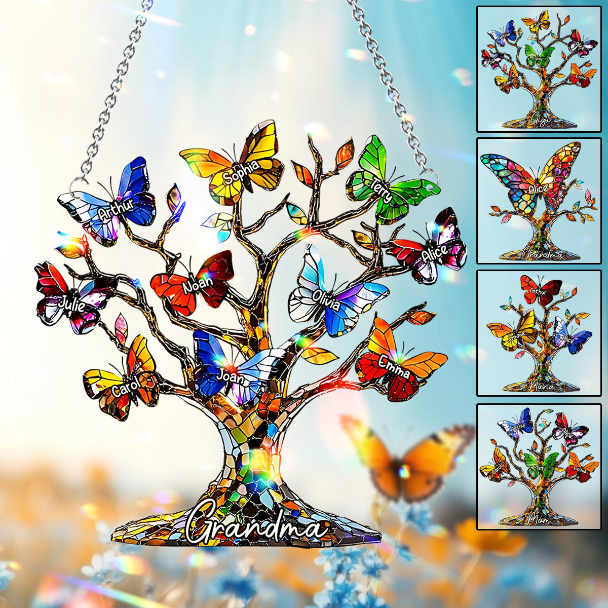 Grandma Mom Butterfly Tree - Personalized Grandma Window Hanging Suncatcher Ornament