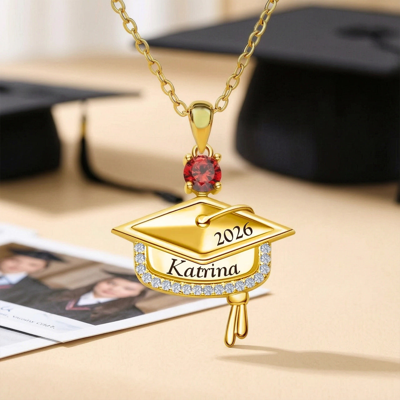 Graduation Cap Pendant Necklace, Personalized Name Charm With Birthstone - Meaningful Gift For Grads