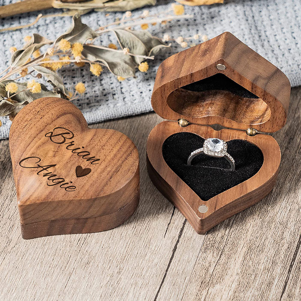Custom Engraved Text - Personalized Name Heart Wooden Ring Box