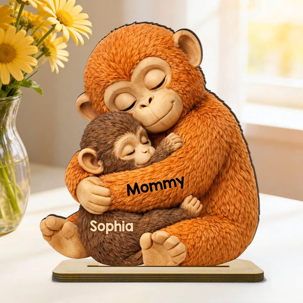 Personalized 2-Layer Wooden Plaque with Hugging Mom Monkey and Babies - Unique Mother's Day Gift for Mom
