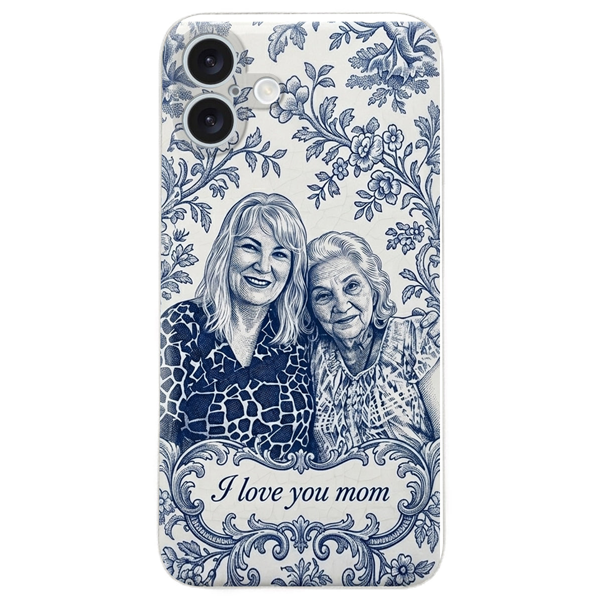 Mother Gift Idea, Blue Toile De Jouy Pattern - Personalized Mother 3D Embossed Leather Phone Case