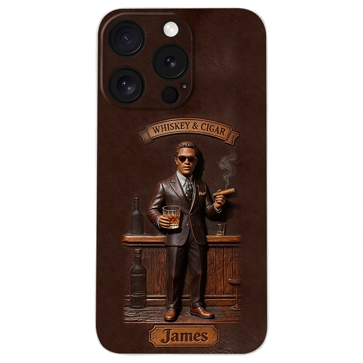 Whiskey And Cigar - Personalized Whisky 3D Embossed Leather Phone Case