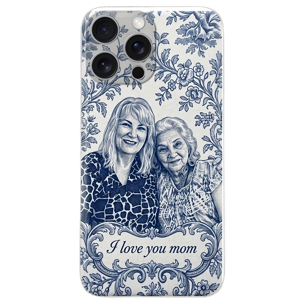 Mother Gift Idea, Blue Toile De Jouy Pattern - Personalized Mother 3D Embossed Leather Phone Case
