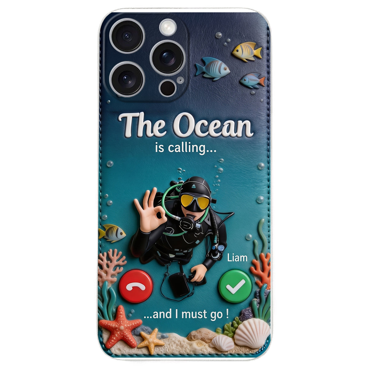 Tropical Sea Life - Personalized Scuba Diving 3D Embossed Leather Phone Case