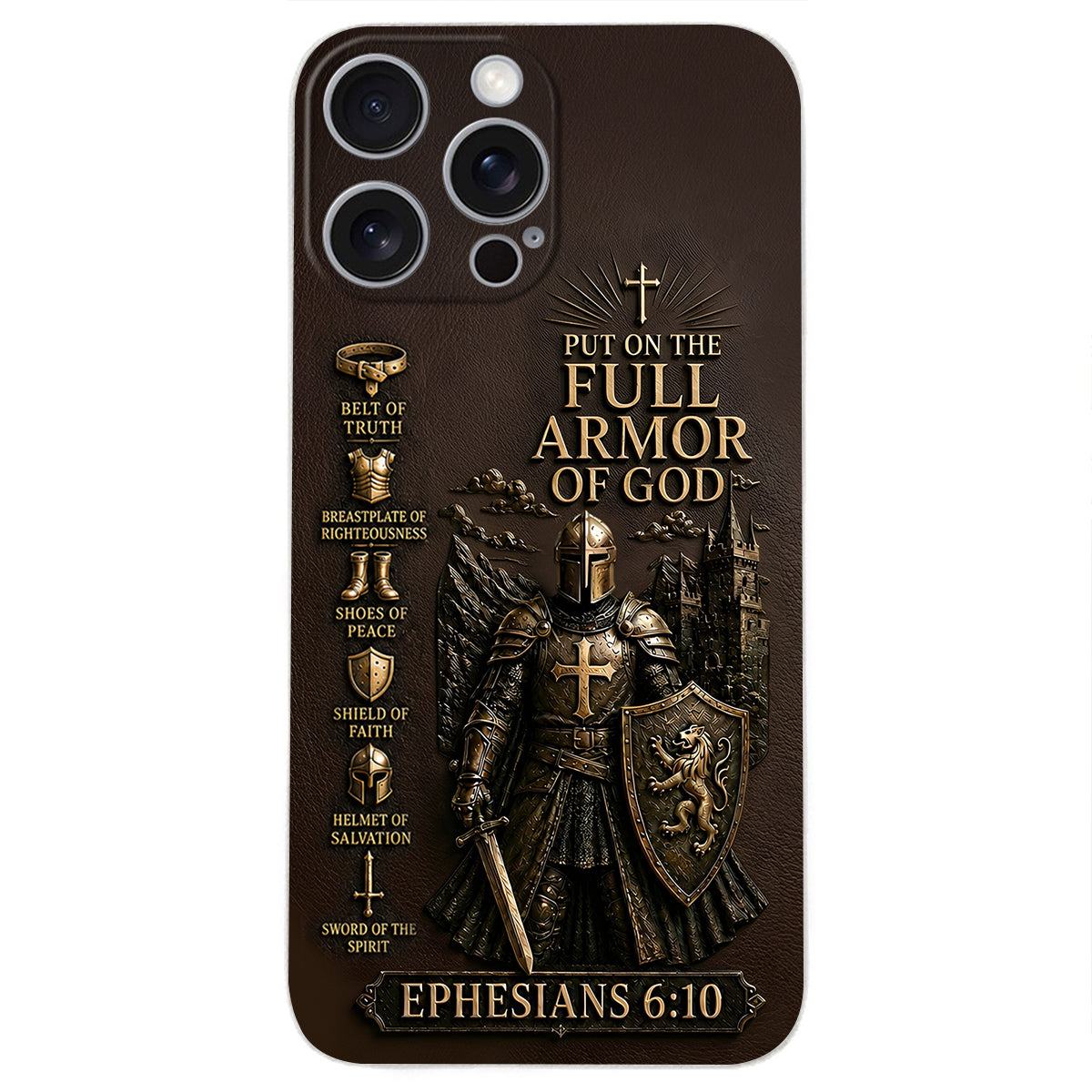 Put On The Full Amor Of God, Gift for Christians - Personalized Christian 3D Embossed Leather Phone Case