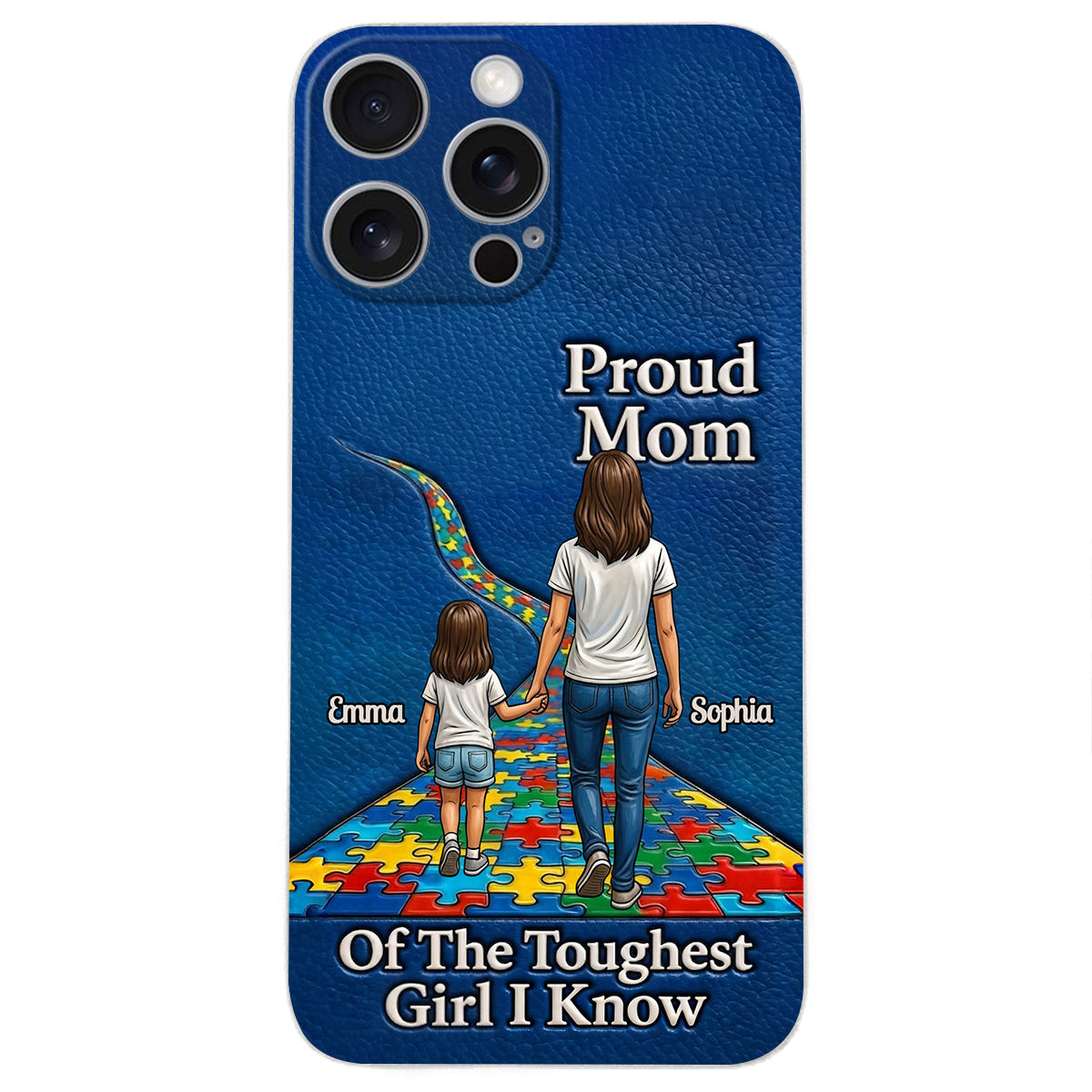 Proud Dad Of The Toughest Boy I Know - Personalized Autism Awareness 3D Embossed Leather Phone Case