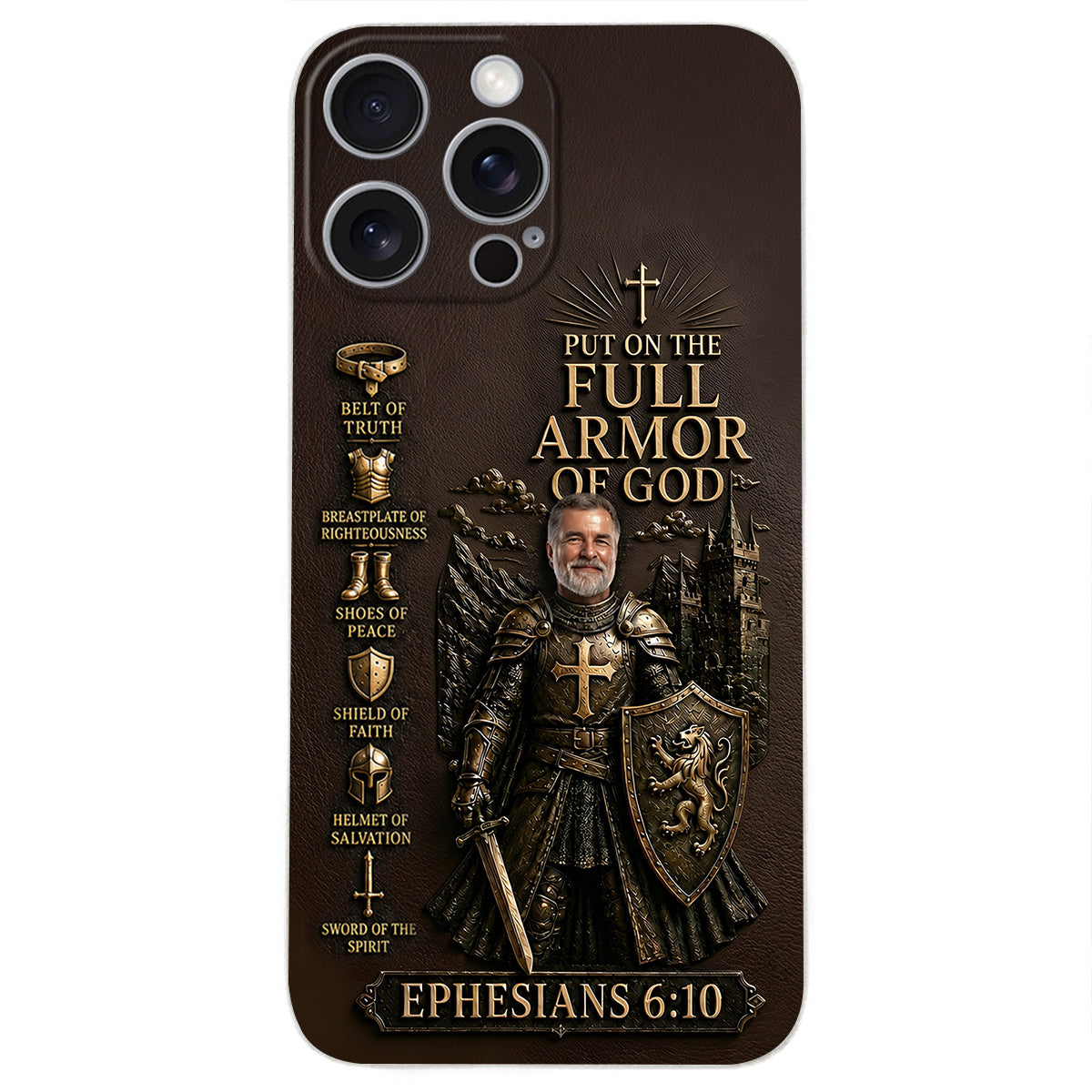 Put On The Full Amor Of God, Gift for Christians - Personalized Christian 3D Embossed Leather Phone Case