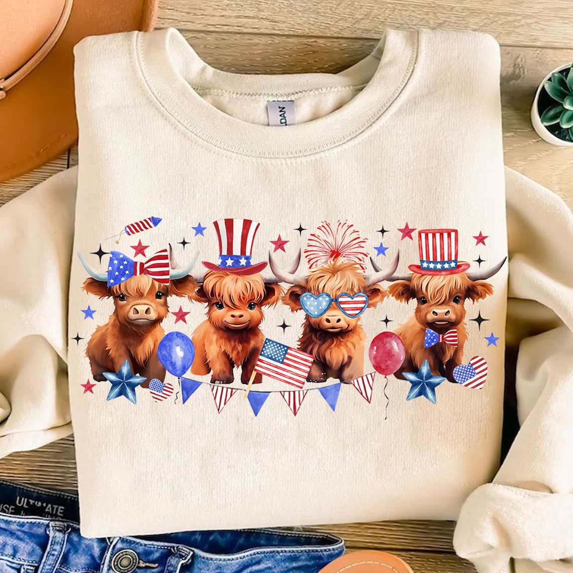 American Flag Highland Cows Highland Cow T-shirt & Hoodie 0624