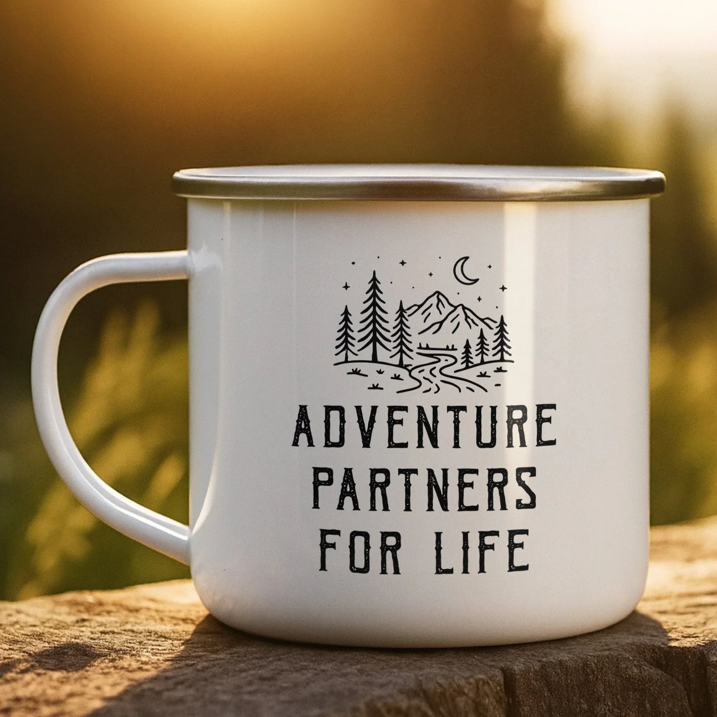 Personalized Enamel Mug Adventure Partners For Life Hiking Couple Gift, Minimal Mountain Line Art