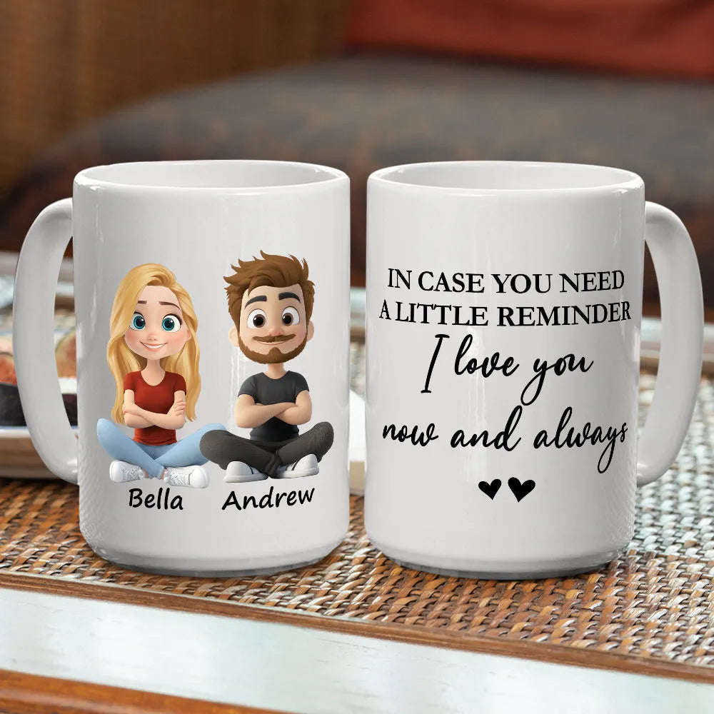 Personalized White Ceramic Mug With Cute Couple Cartoon and I love you now and always - Unique Gift for Girlfriend or Wife