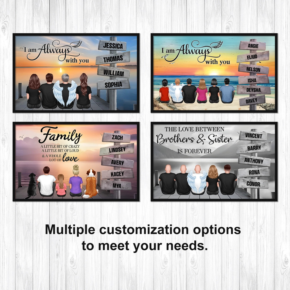 “I Am Always With You” Memorial Poster – Custom Family & Angel Wings, Sunset Dock Scene