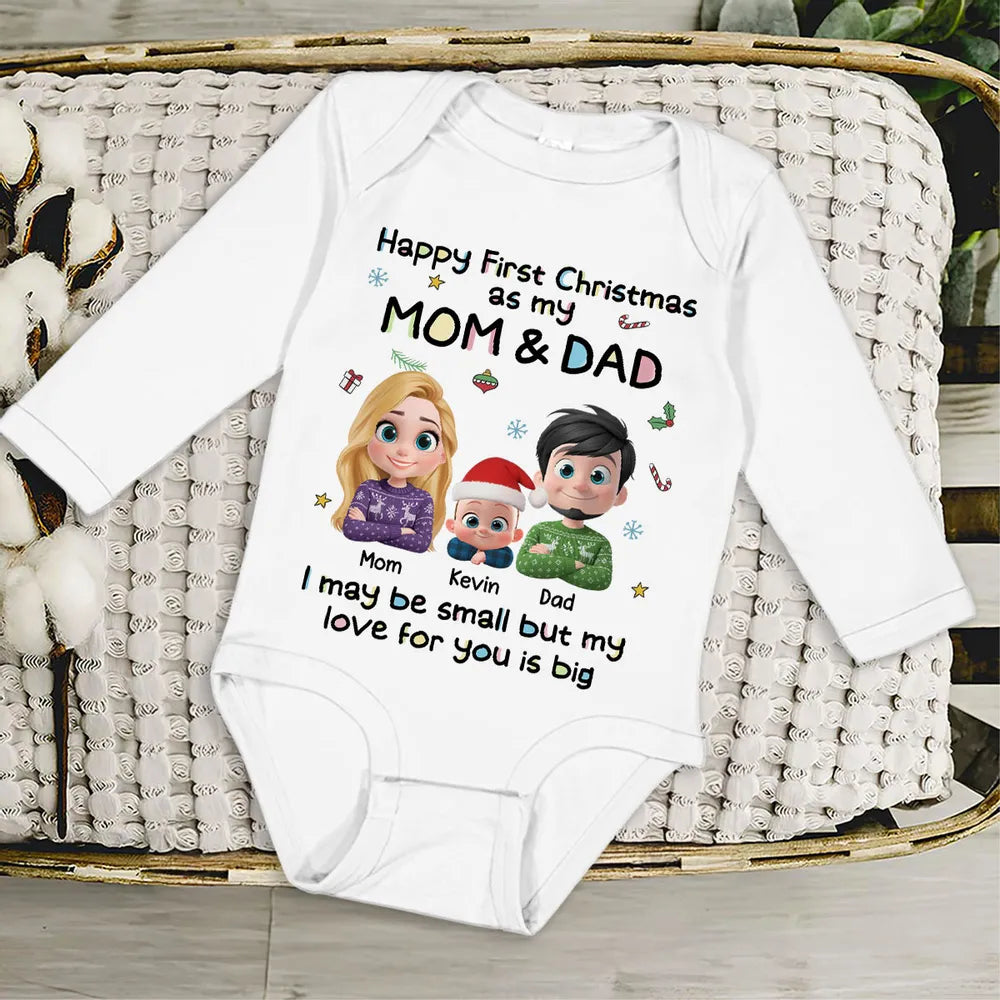 Custom First Christmas Long Sleeve Baby Onesie, Cute Mom Dad and Baby Illustration, Personalized Holiday Outfit and Heartwarming Newborn Gift