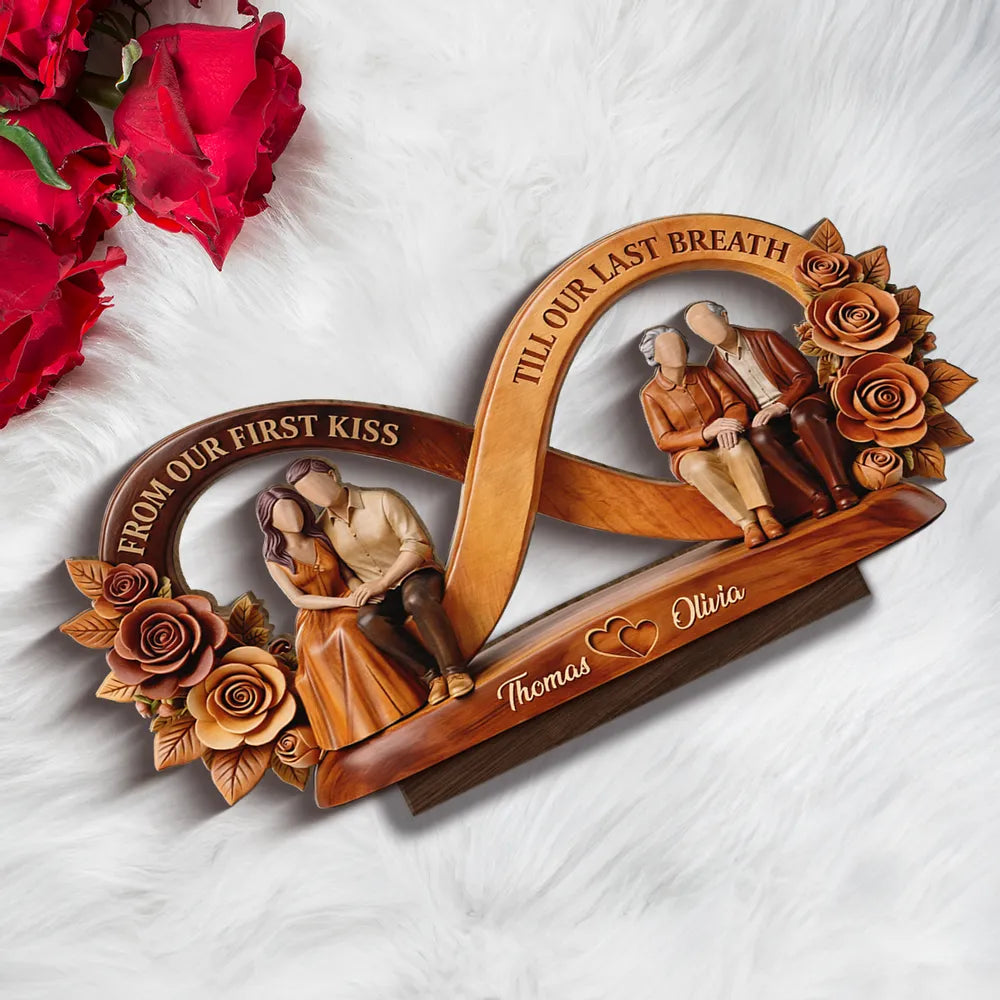 Personalized 2-Layer Wooden Plaque Infinity Couple With Roses, From Our First Kiss Quote, Unique Anniversary Gift For Him & Her