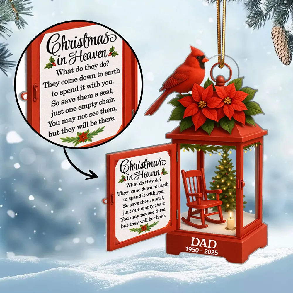 Acrylic Ornament Lantern Scene with Poinsettia and Candle – serene remembrance tree ornament, gift-ready memorial keepsake for Dad, Mom, and loved ones