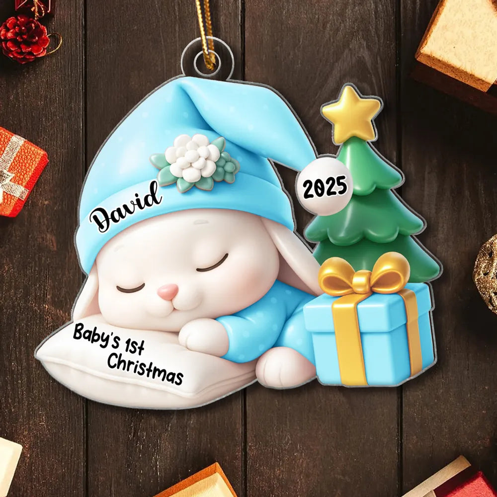 Acrylic Ornament for Baby’s First Christmas – sleeping bunny with tree and gift, pastel blue, gift-ready keepsake for new parents