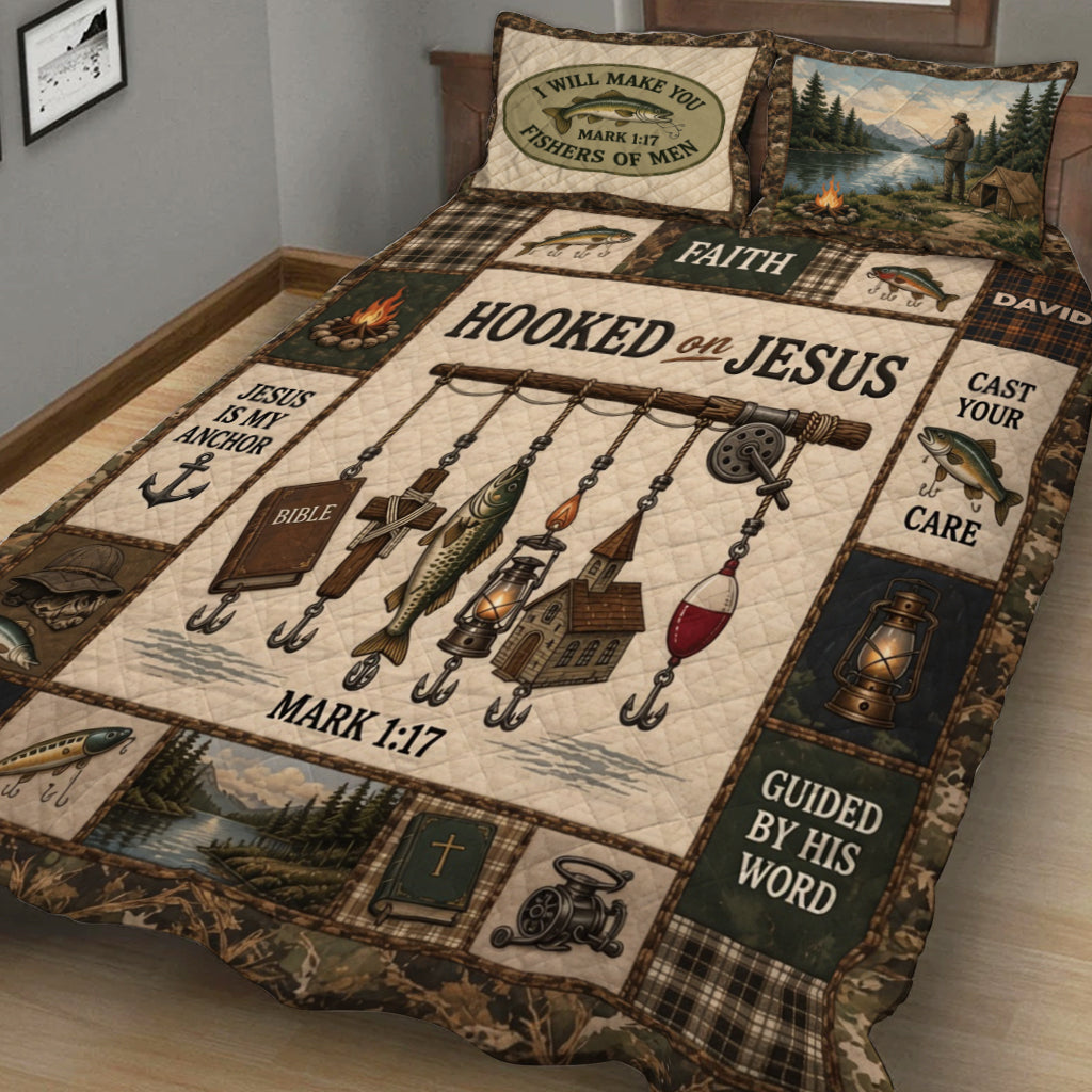 Fishing Lovers Gift, Hooked On Jesus - Personalized Fishing Quilt Set