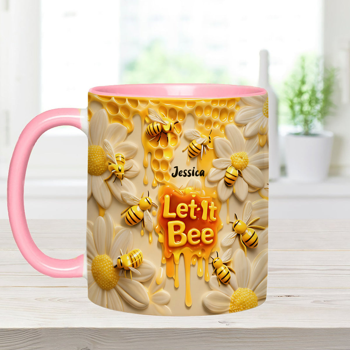 Let It Bee, Bee Flowers - Personalized Bee Set Accent Mug with Acrylic Stirrers