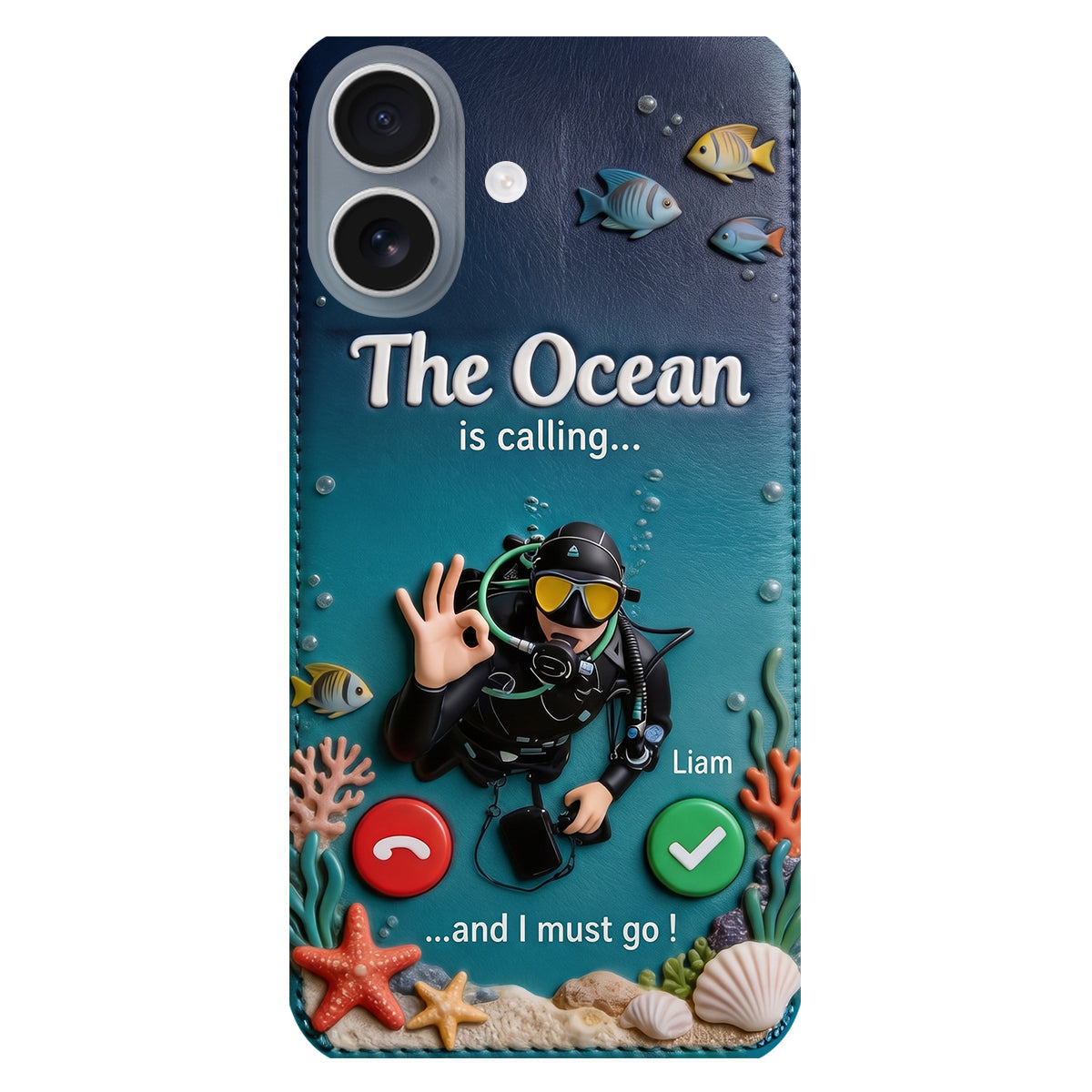 Tropical Sea Life - Personalized Scuba Diving 3D Embossed Leather Phone Case