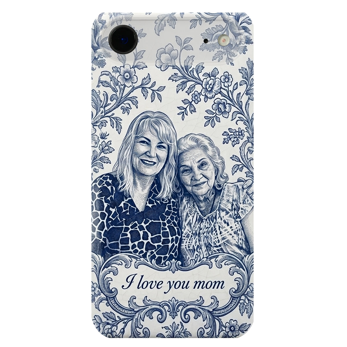 Mother Gift Idea, Blue Toile De Jouy Pattern - Personalized Mother 3D Embossed Leather Phone Case