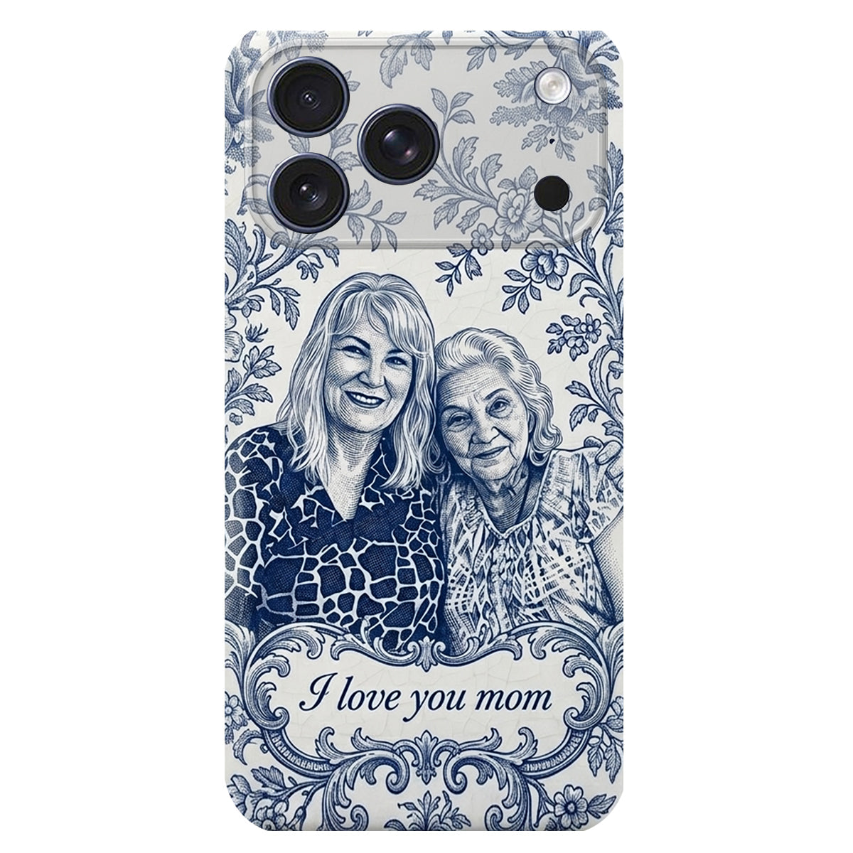 Mother Gift Idea, Blue Toile De Jouy Pattern - Personalized Mother 3D Embossed Leather Phone Case