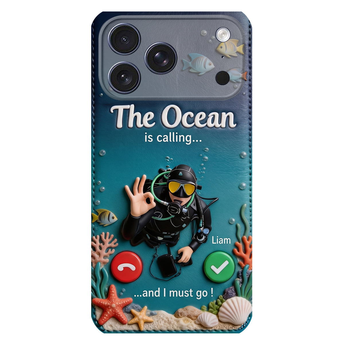 Tropical Sea Life - Personalized Scuba Diving 3D Embossed Leather Phone Case