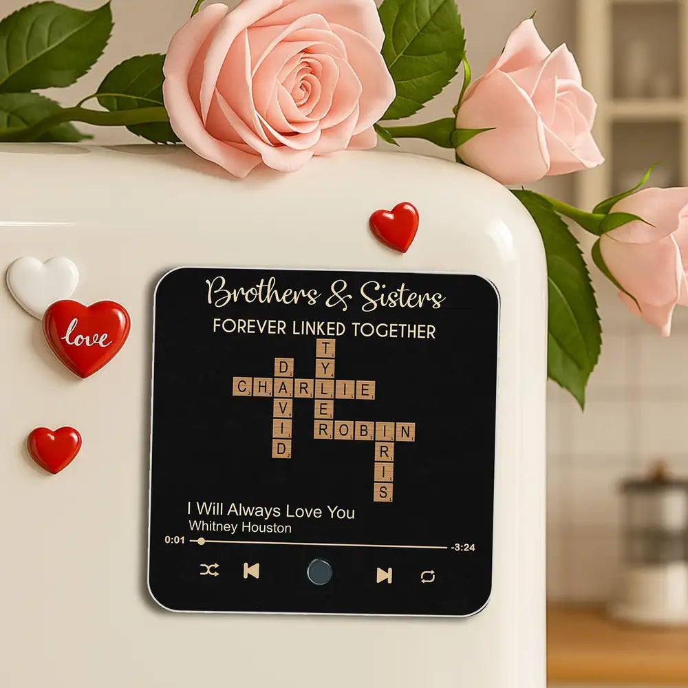 “Brothers & Sisters – Forever Linked” Acrylic Music Magnet – Crossword Names, Custom Song, Gift for Siblings