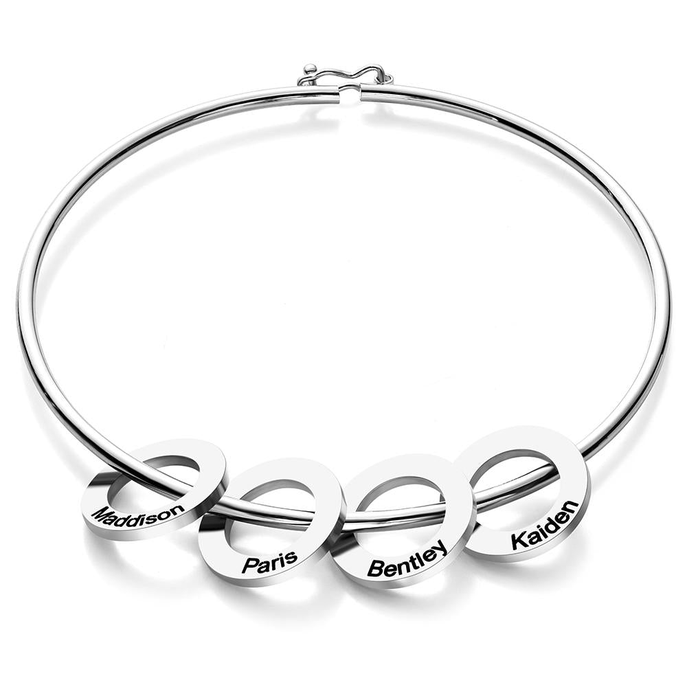 Any Name - Personalized Family Bangle Bracelet with Heart/Round Pendants