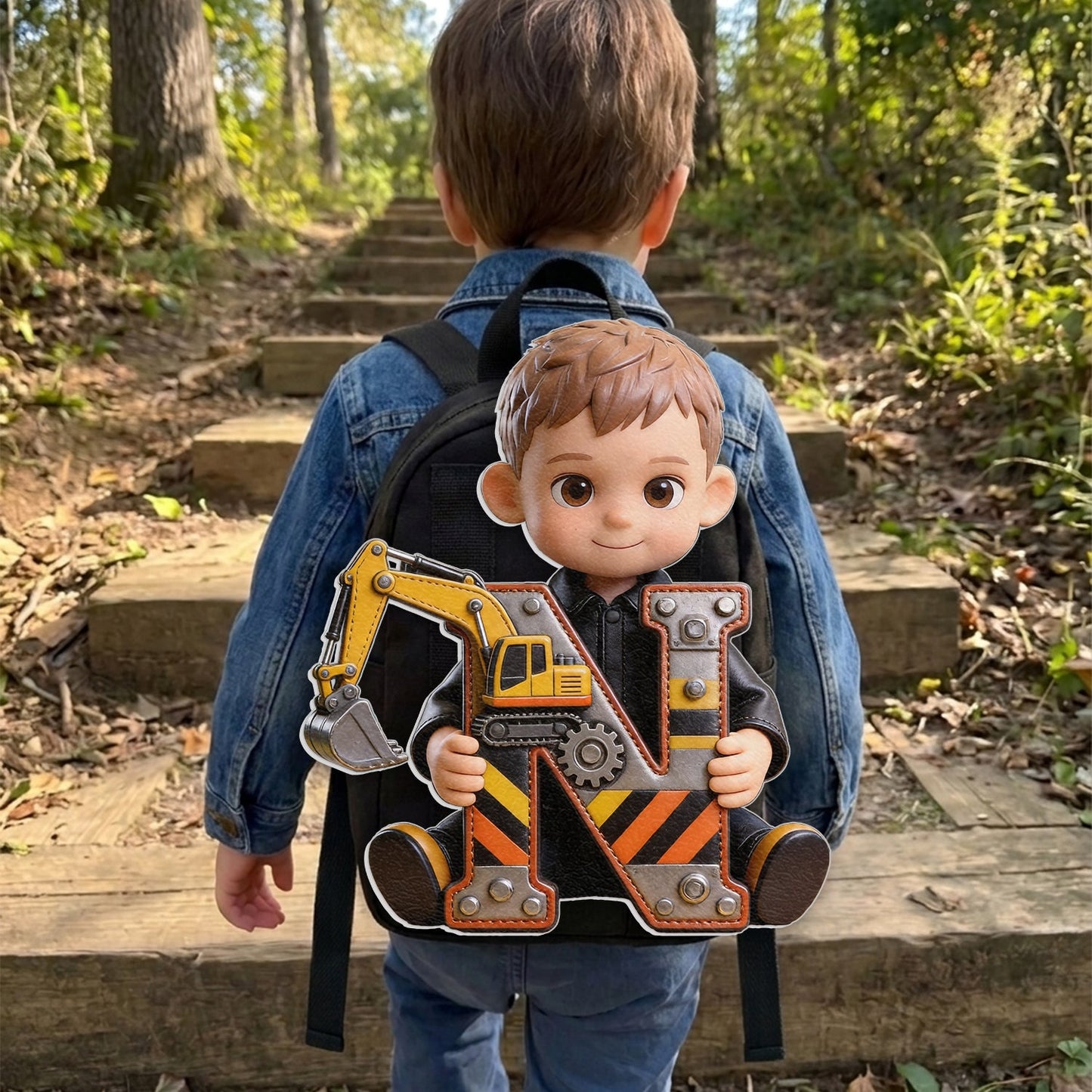 Alphabet Letter Construction Theme - Personalized Kid Changeable Leather Patch Backpack