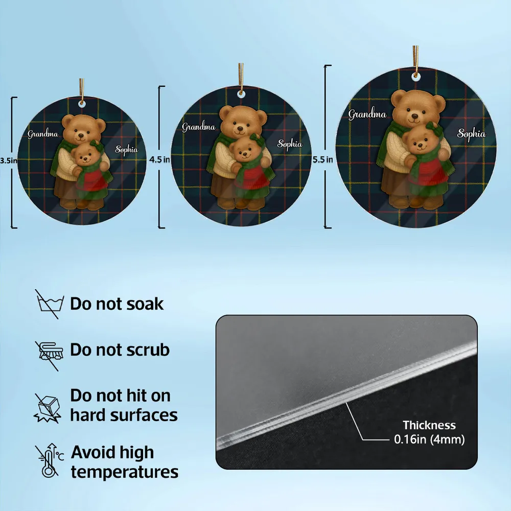Personalized Acrylic Ornament for Grandma & Grandkids – Cozy Teddy Bear Hug, Plaid Christmas Decor, Unique Heartwarming Gift