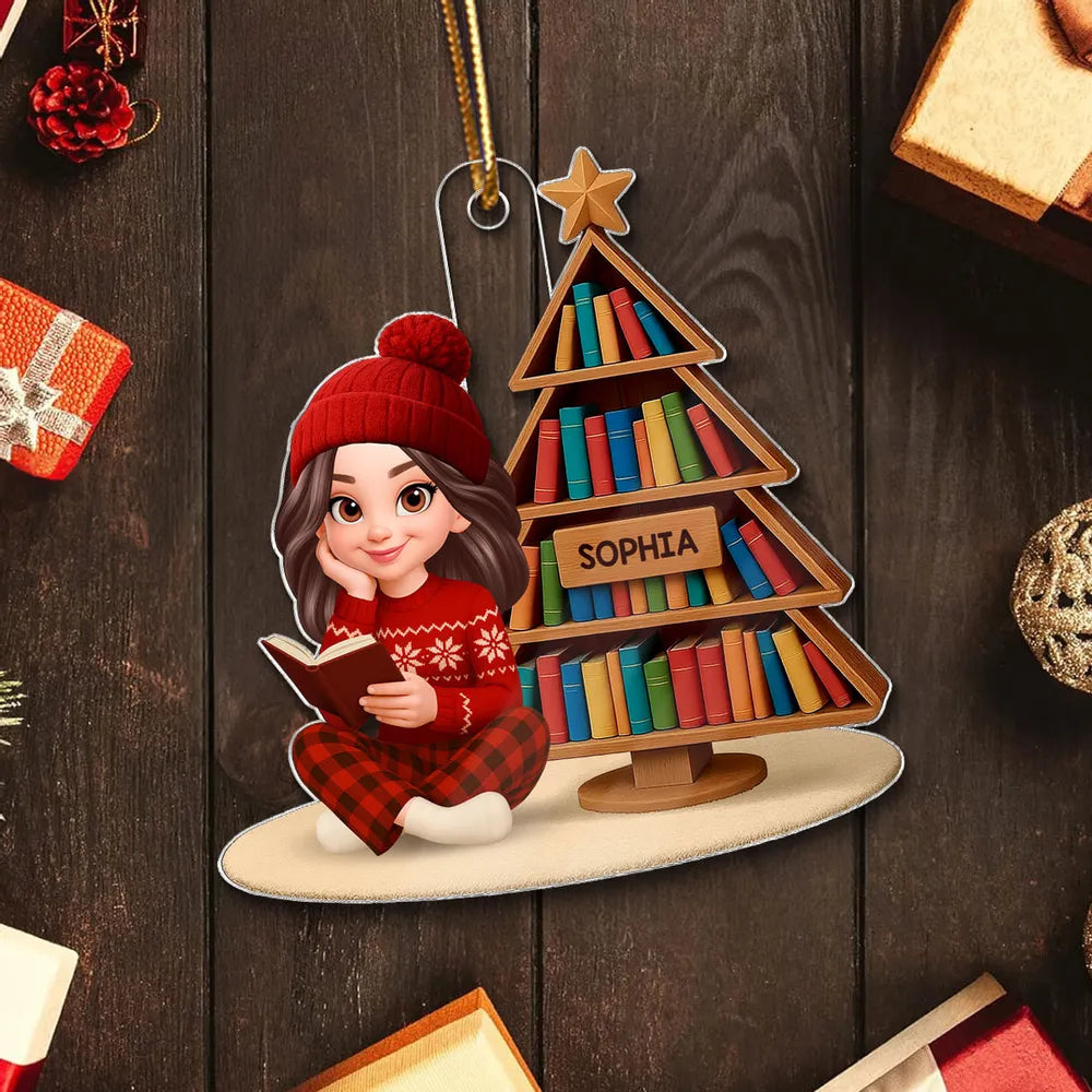 Book Lover Girl Acrylic Ornament – Cozy Holiday Gift for Readers, Festive Tree Decoration