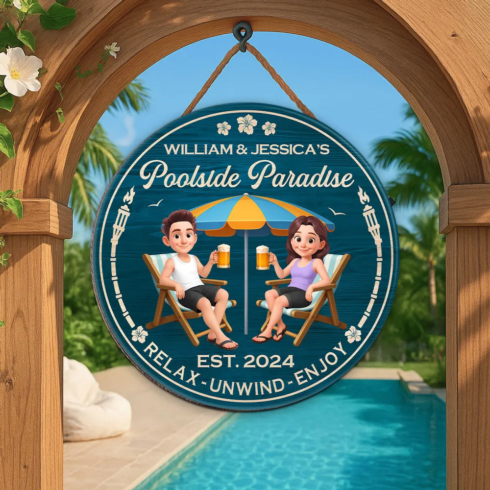 Poolside Paradise Wooden Sign – Personalized Couple Design, Romantic Backyard Gift for Lover