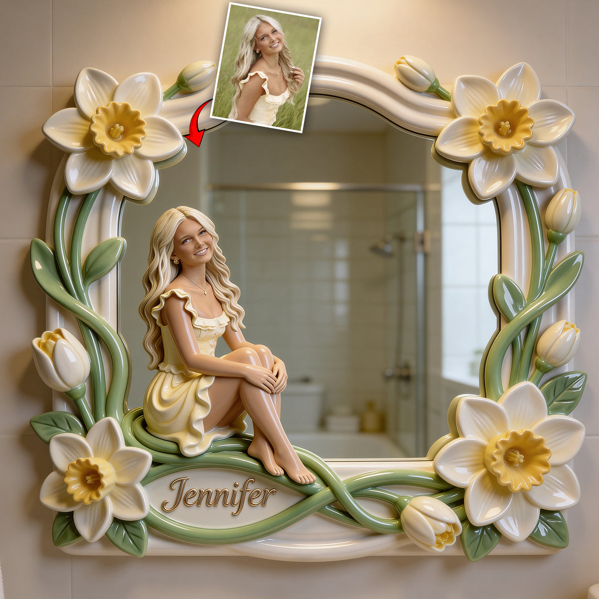 Custom Any Photo And Flower - Personalized Self Love Wall Hanging Mirror