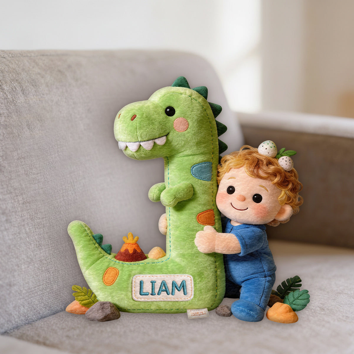 Dinosaur Alphabet Letter & Custom Photo - Personalized Kid Premium Faux Fur Pillow