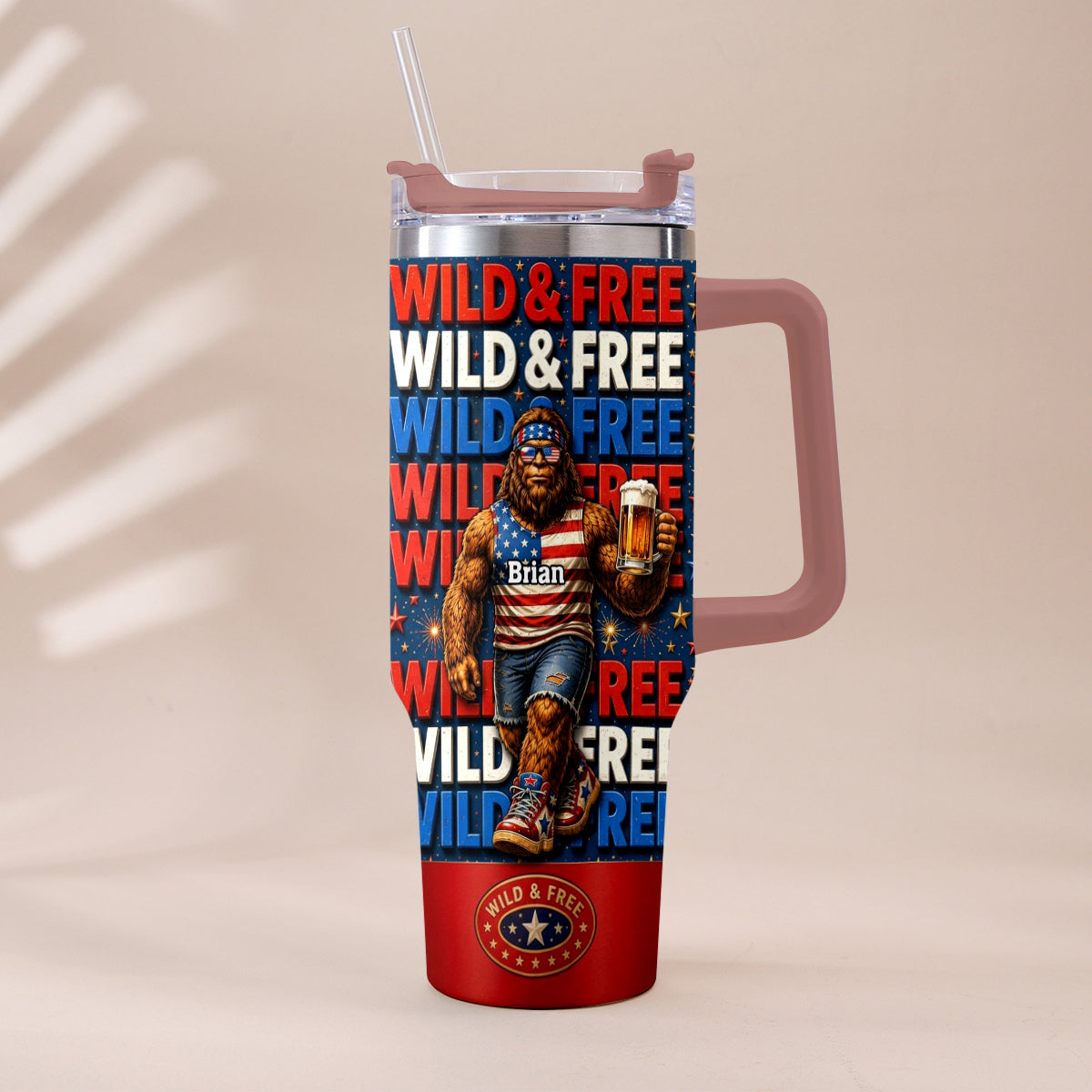 4th of July, Bigfoot Independence Day - Personalized Bigfoot Tumbler With Handle
