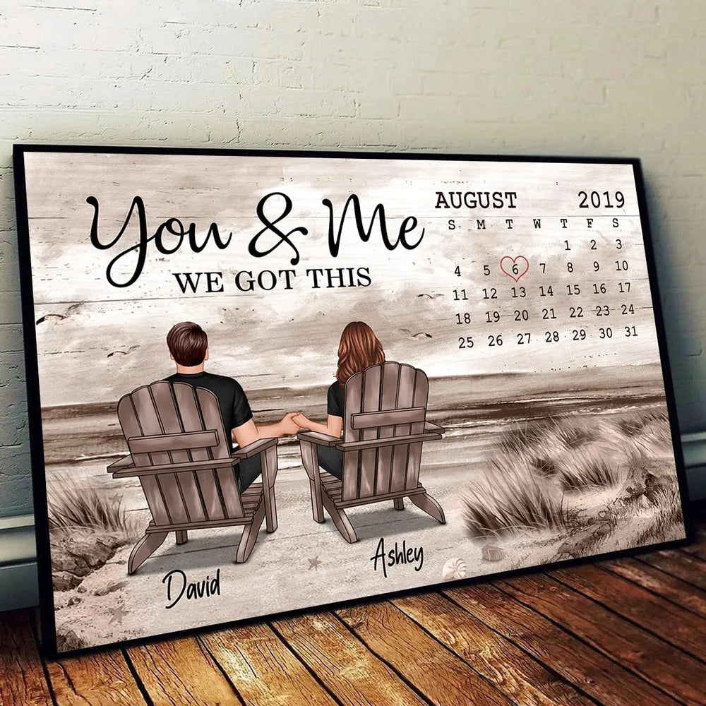 Personalized Calendar Couple Poster, Romantic Beach Scene Love Story
