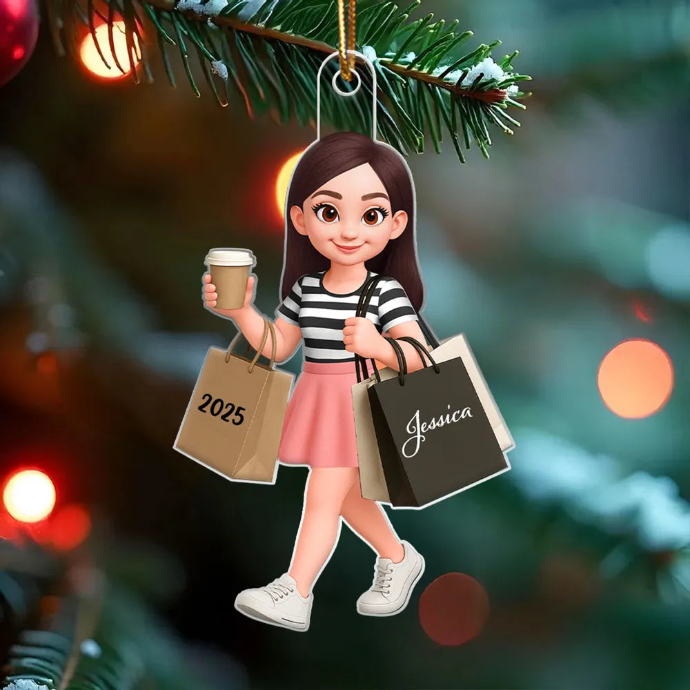 Ornament - Personalized Cute Shopper with Coffee, Cartoon, Easy to Hang, Unique Gift for Best Friend or Daughter