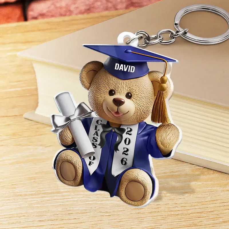 Acrylic Keychain Cute Graduation Bear with Cap and Diploma - Personalized Gift That Feels So Special