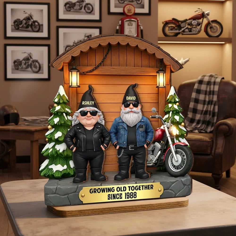 Personalized 2-Layer Wooden Plaque, Biker Couple by Motorcycle Cabin Scene, Unique Anniversary Gift for Him or Her